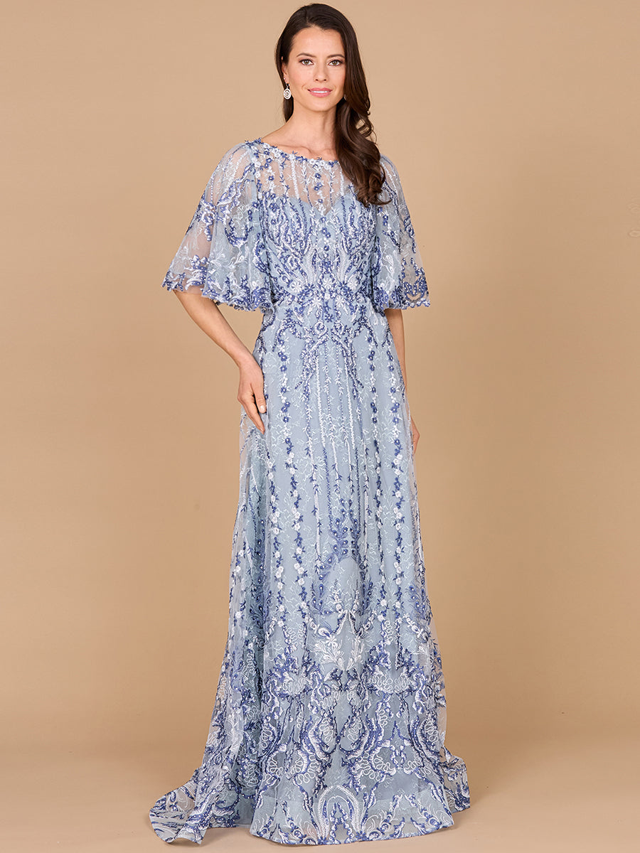 Formal Dresses Long Formal A Line Cape Sleeve Evening Dress Blue