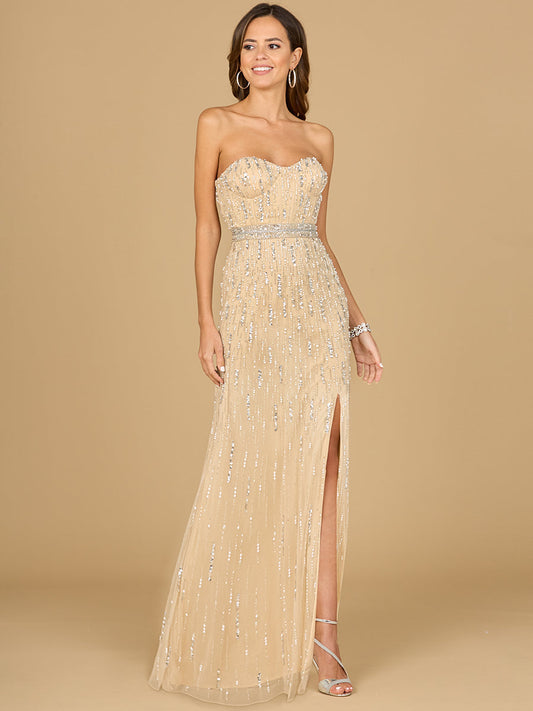 Prom Dresses Long Formal Beaded Slit Evening Prom Dress Champagne Pearl
