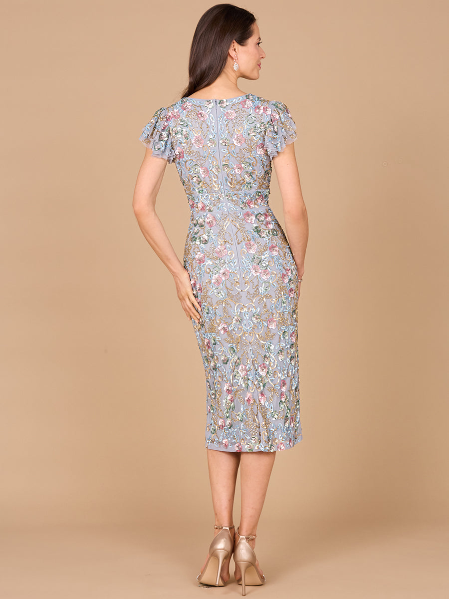Cocktail Dresses Short Floral Beaded Midi Cocktail Dress Grey/Multi