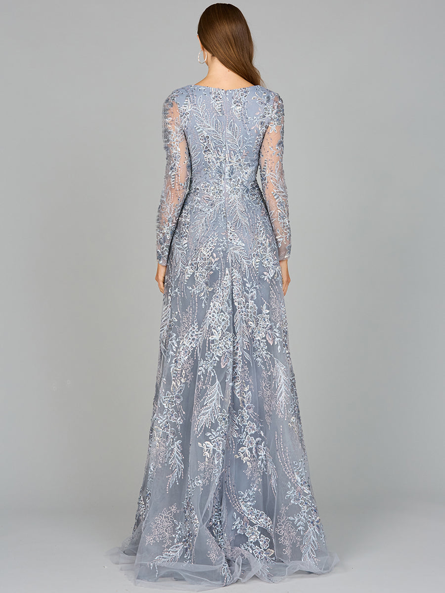 Formal Dresses Long Sleeve Formal Lace Overskirt Evening Dress Slate/Multi