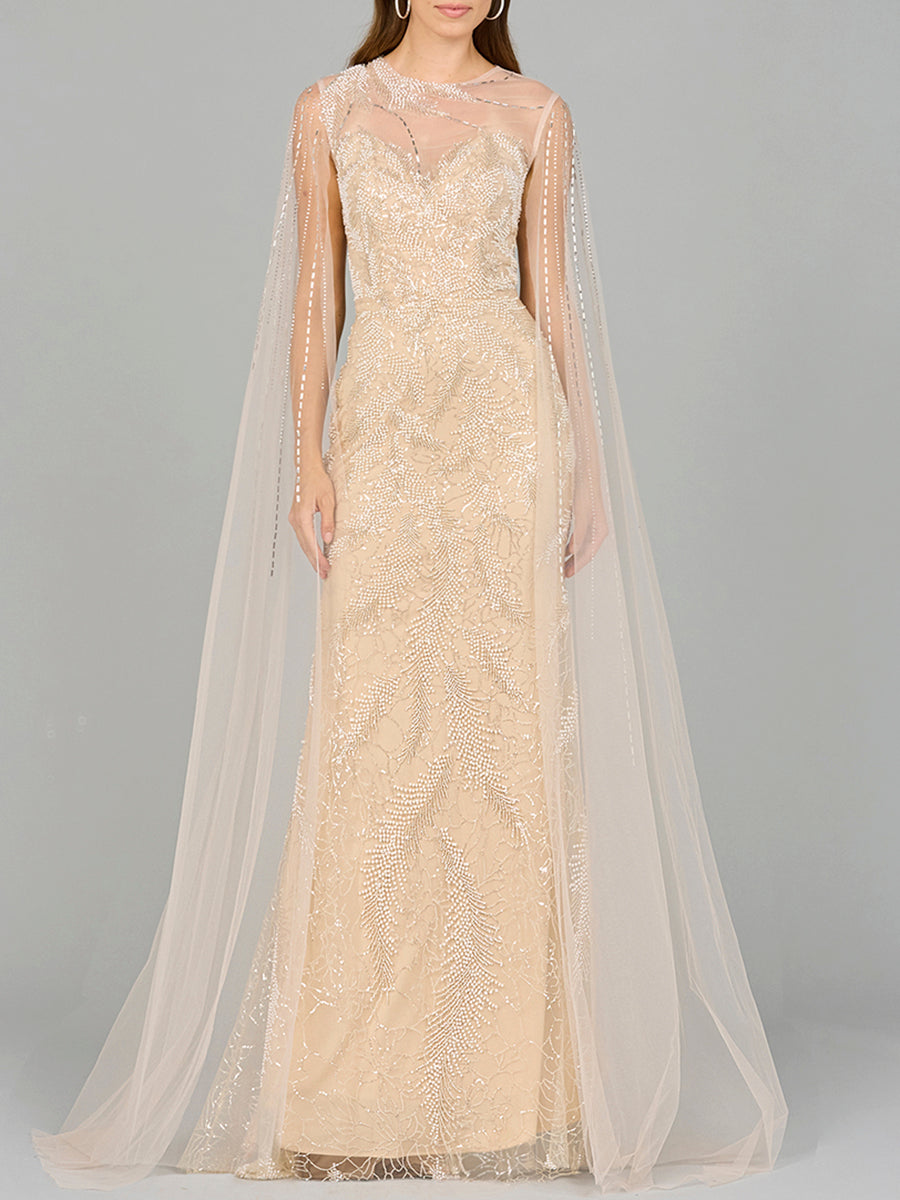 Formal Dresses Long Formal Cape Sleeve Beaded Evening Dress Champagne/Ivory