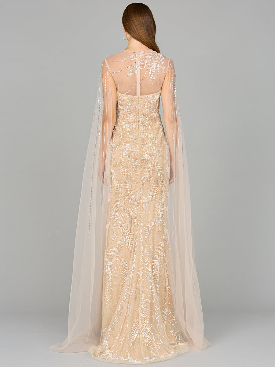 Formal Dresses Long Formal Cape Sleeve Beaded Evening Dress Champagne/Ivory