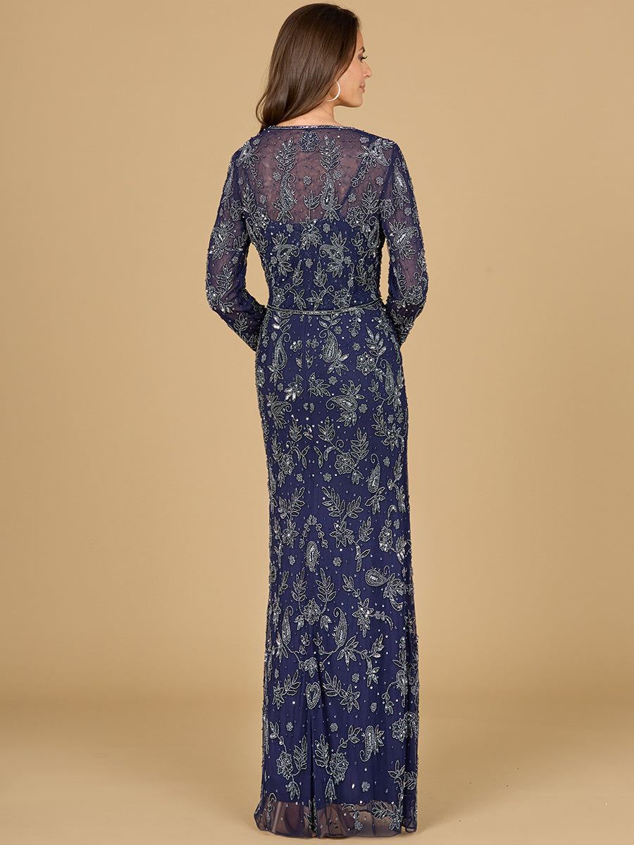 Formal Dresses Two Piece Long Formal Beaded Jacket Dress Navy