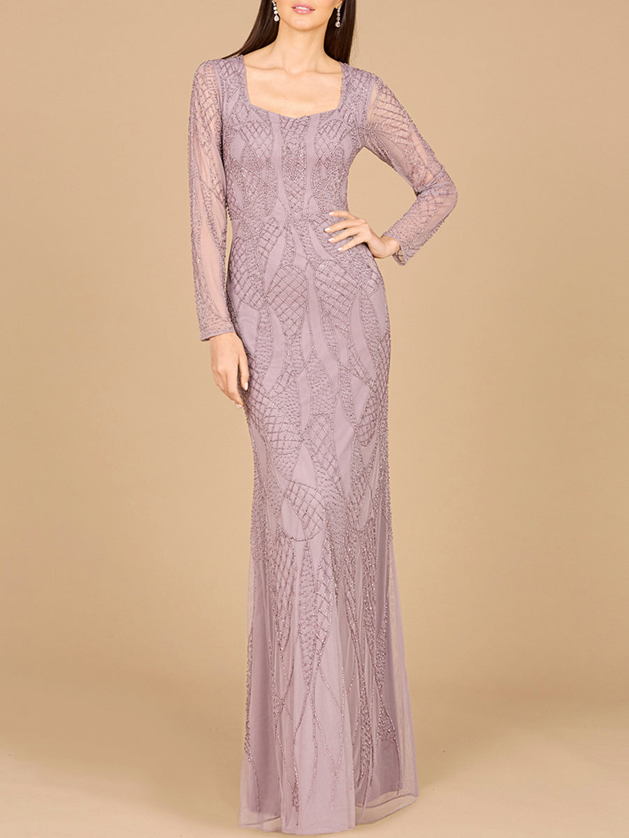 Formal Dresses Beaded Long Sleeve Formal Sequin Evening Dress Dusty Lavender