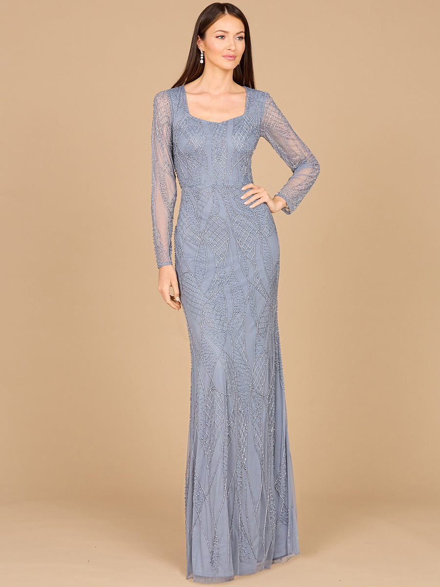 Formal Dresses Beaded Long Sleeve Formal Sequin Evening Dress Dusty Periwinkle