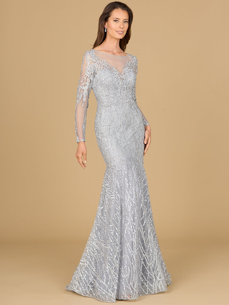 Formal Dresses Mermaid Long Sleeve Formal Lace Evening Dress Silver
