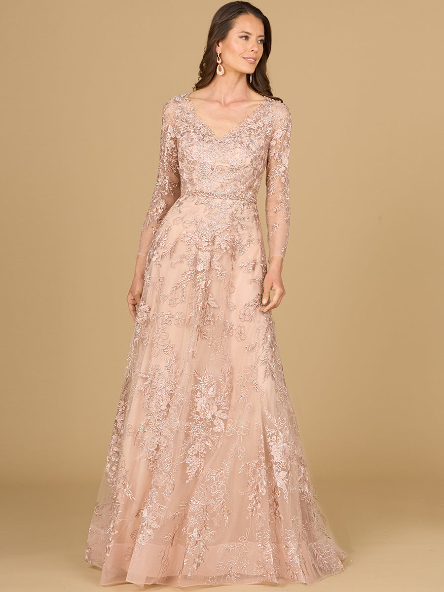 Formal Dresses Long Sleeve Formal Lace A Line Evening Dress Blush