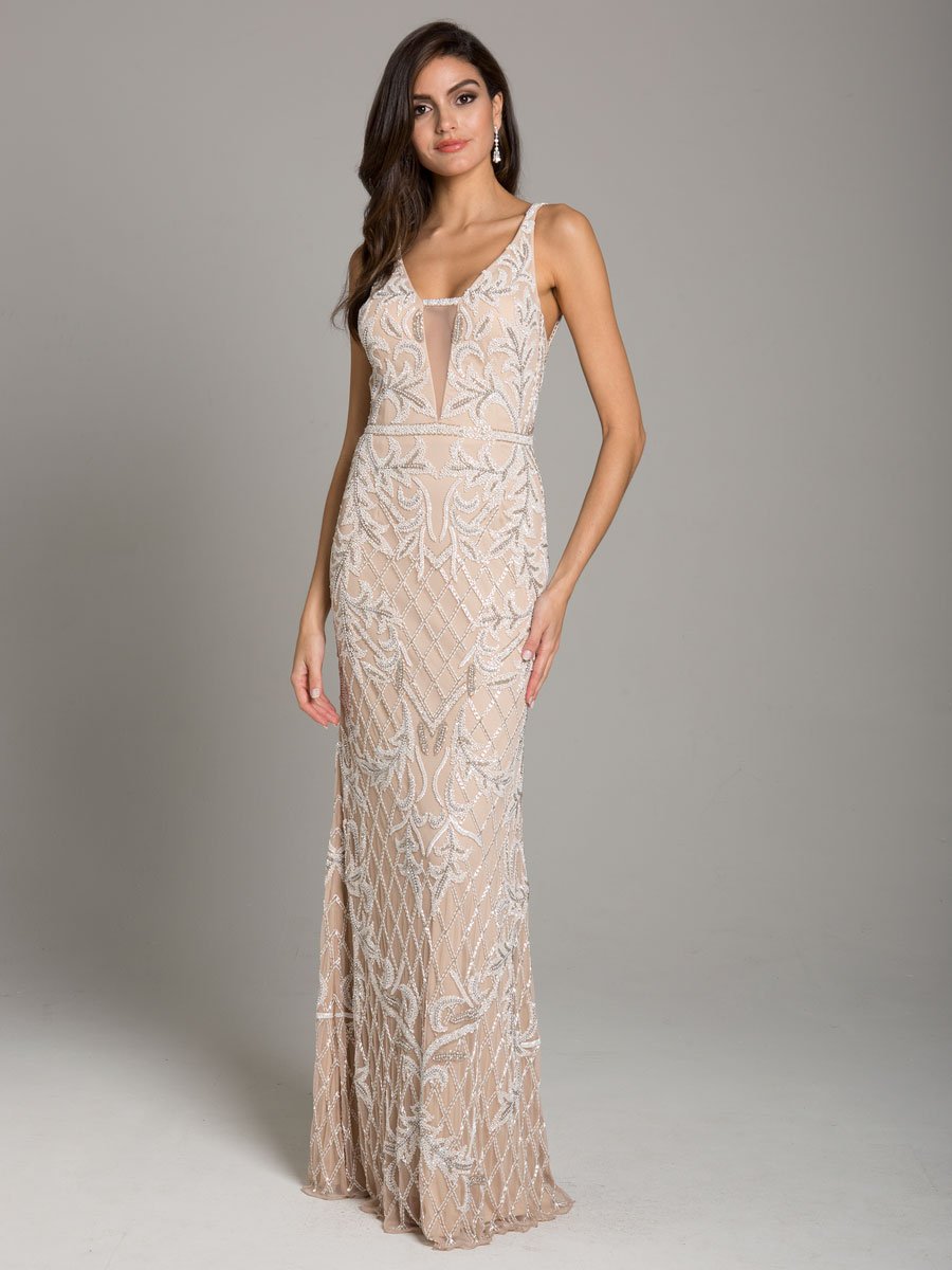 Wedding Dresses Fitted Long Beaded Wedding Dress Nude/Ivory