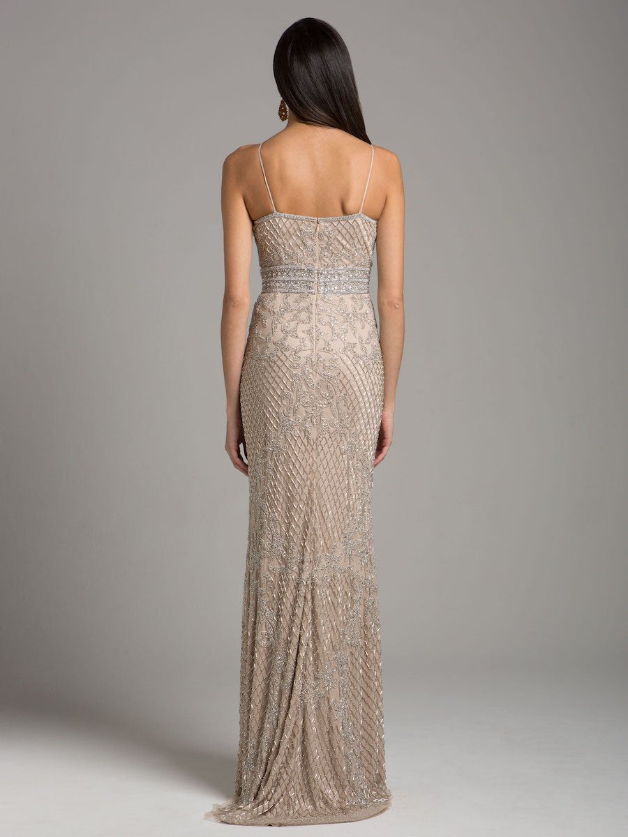 Prom Dresses Beaded Long Formal Fitted Prom Dress Nude/Silver