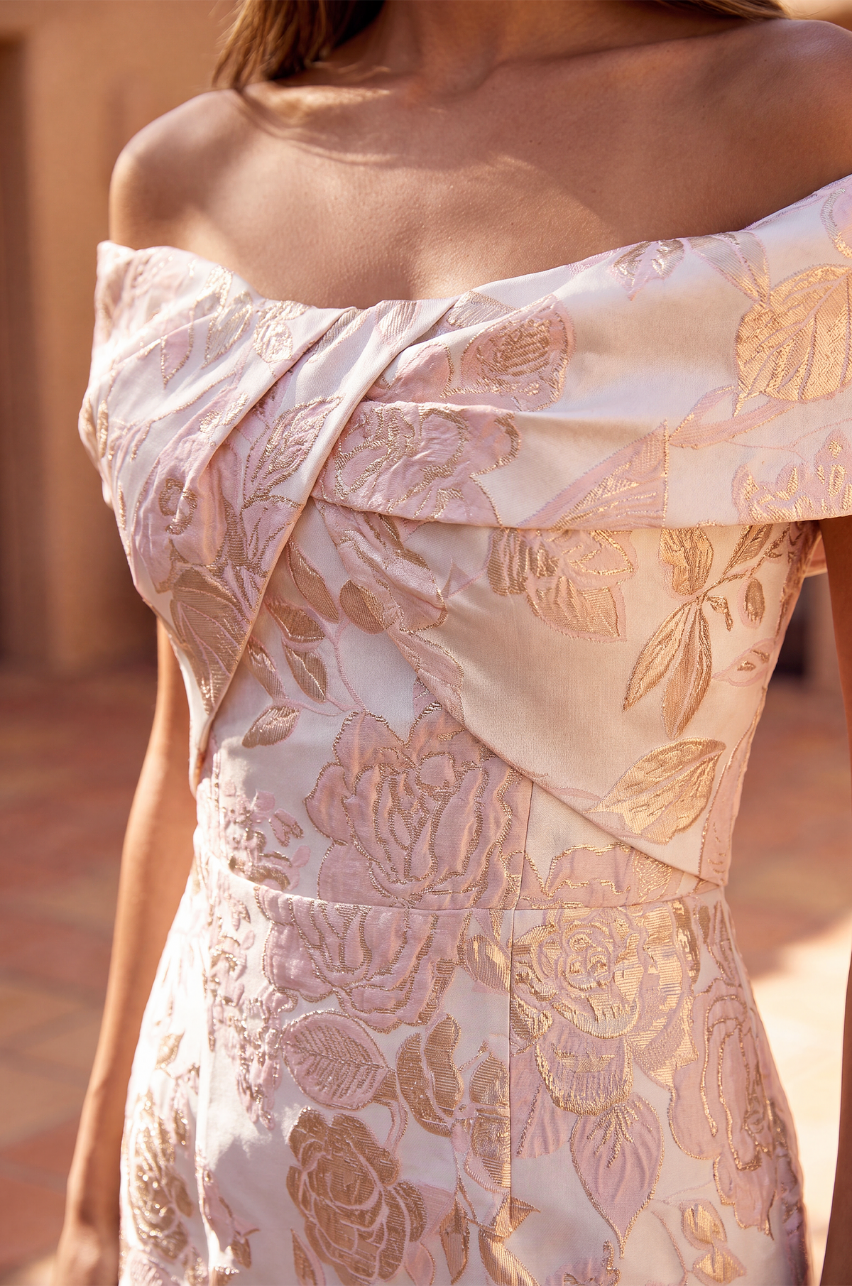 Off-the-Shoulder Floral Jacquard Mermaid Evening Formal Dress – Pink