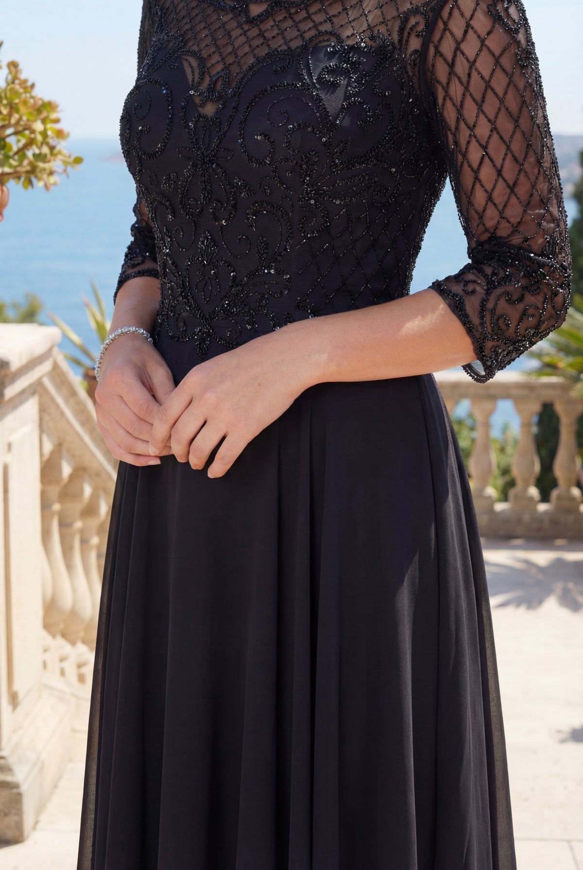 Hand Beaded Long Sleeve Mother of the Bride Dress – Charcoal