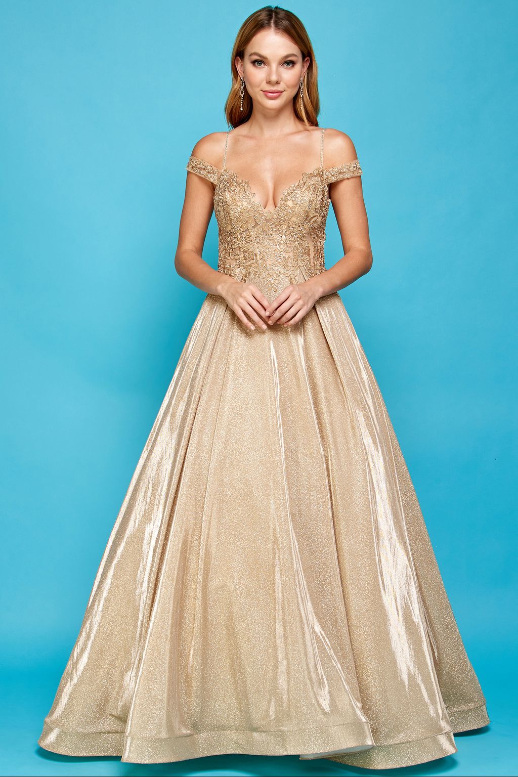 Prom Dresses Glitter Long A Line Metallic Lace Applique Prom Dress Champagne
