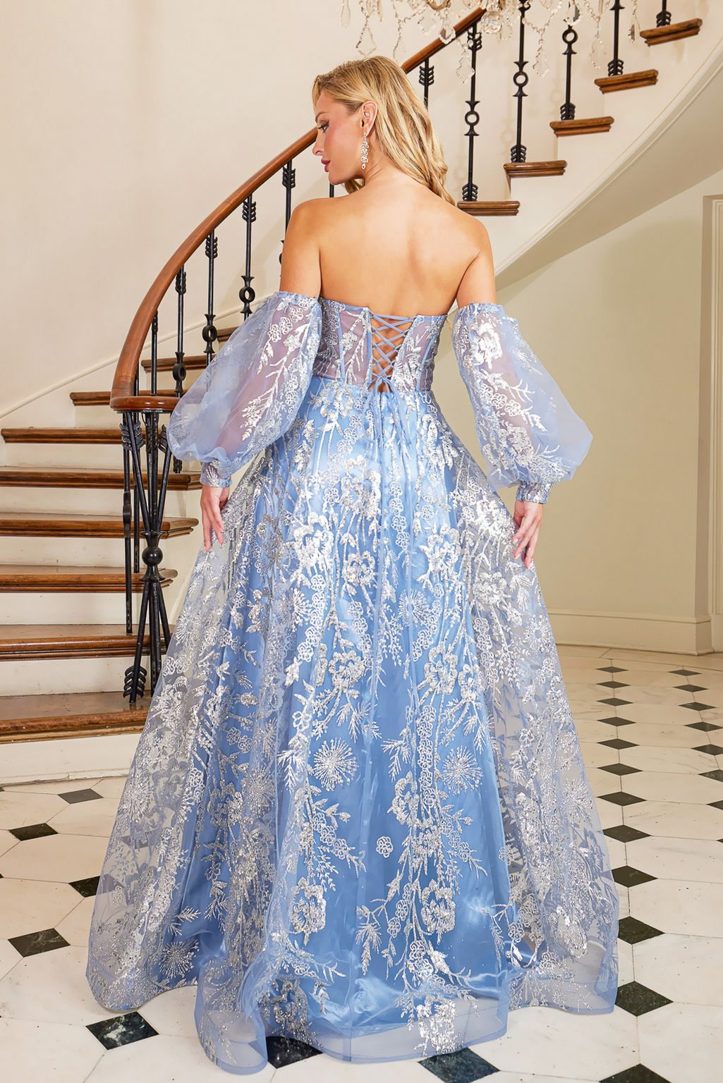 Prom Dresses Prom Glitter Print Long Formal Corset Dress Smoky Blue
