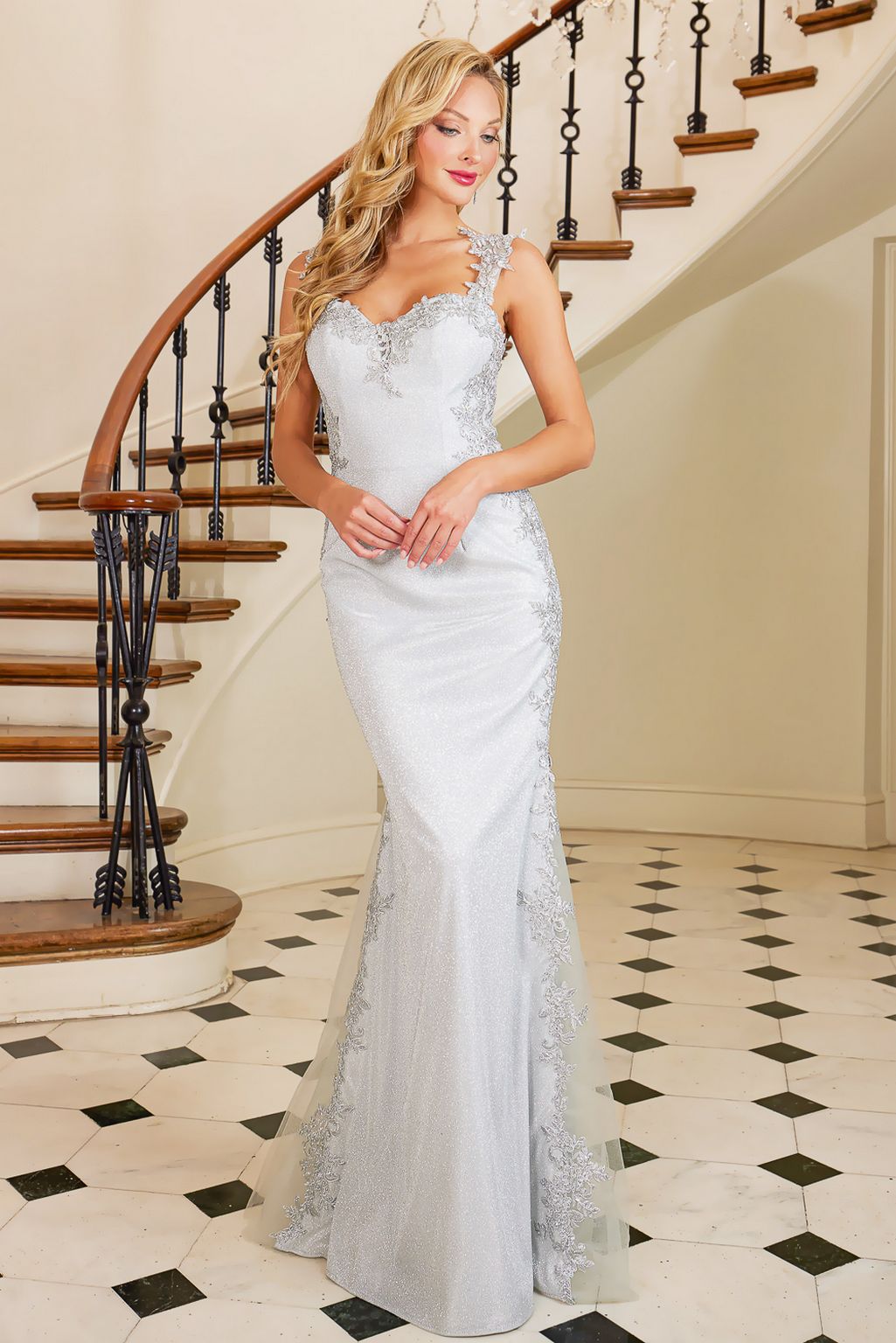 Prom Dresses Beaded Applique Prom Long Mermaid Metallic Formal Dress Silver