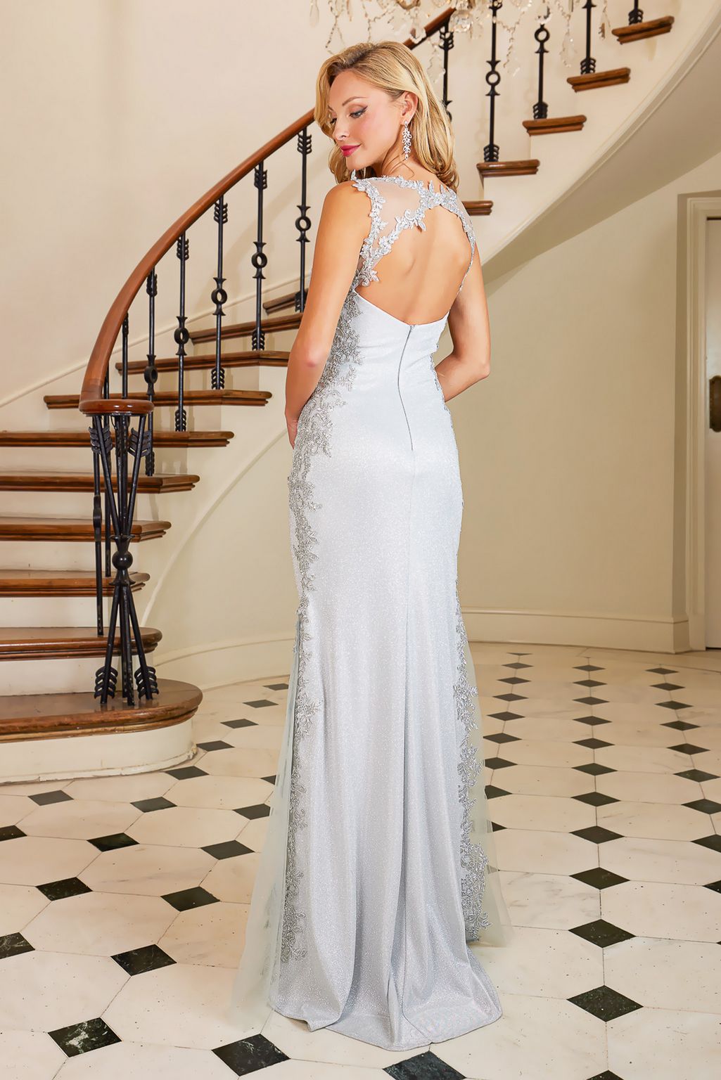 Prom Dresses Beaded Applique Prom Long Mermaid Metallic Formal Dress Silver