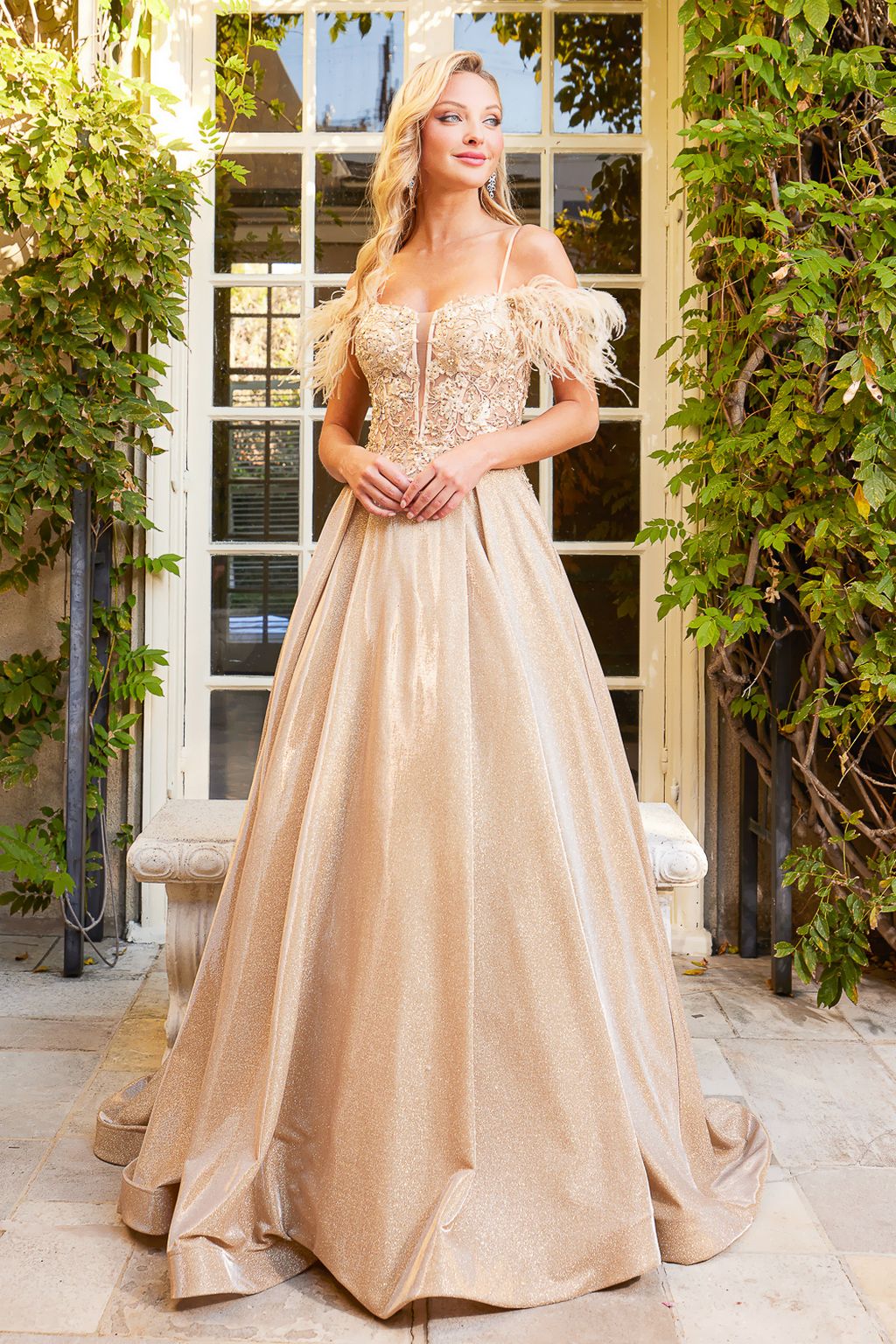 Prom Dresses Long Metallic Glitter Formal Feather Prom Dress Champagne
