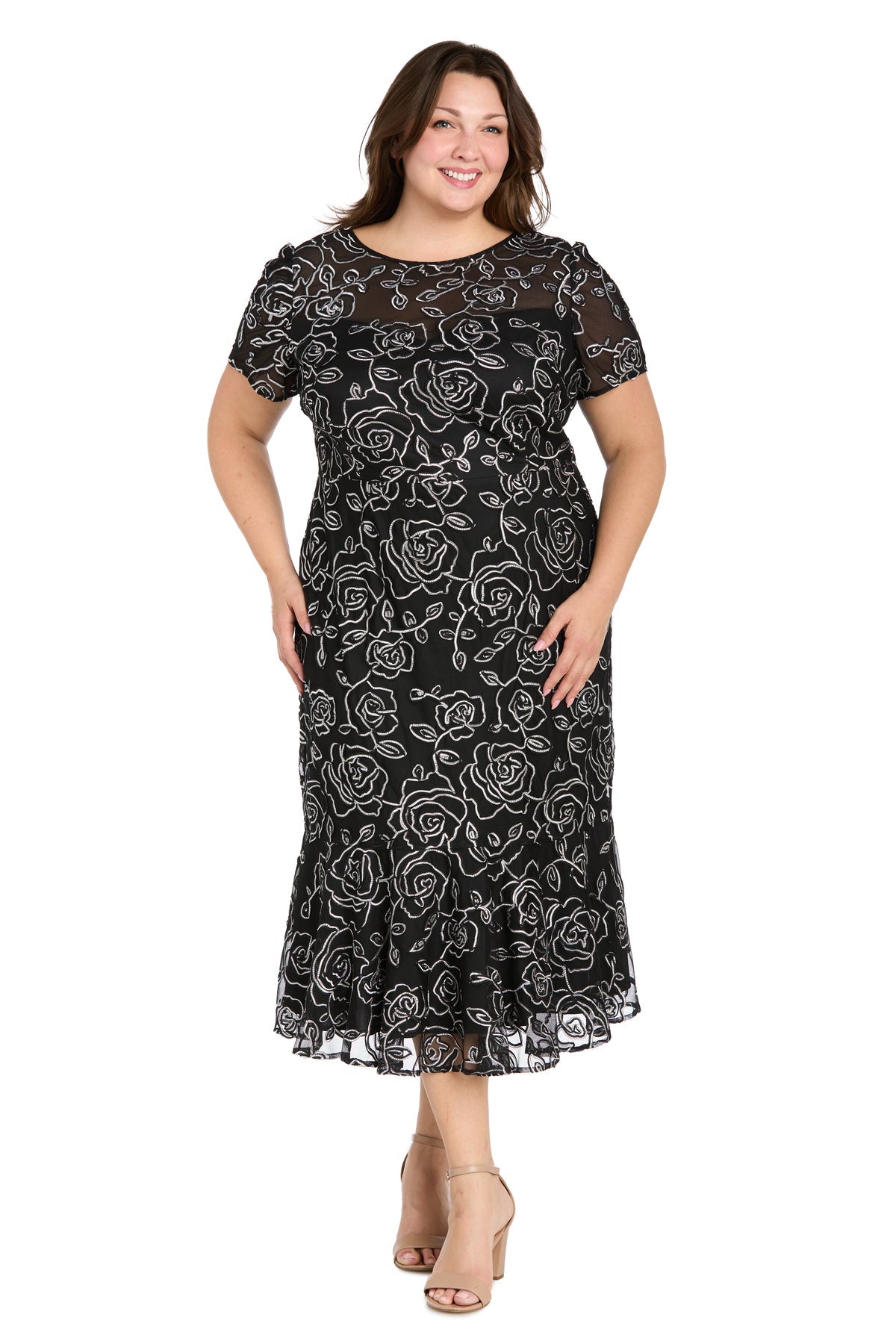 Plus Size Dresses Short Plus Size Floral Midi Cocktail Dress Black/Ivory