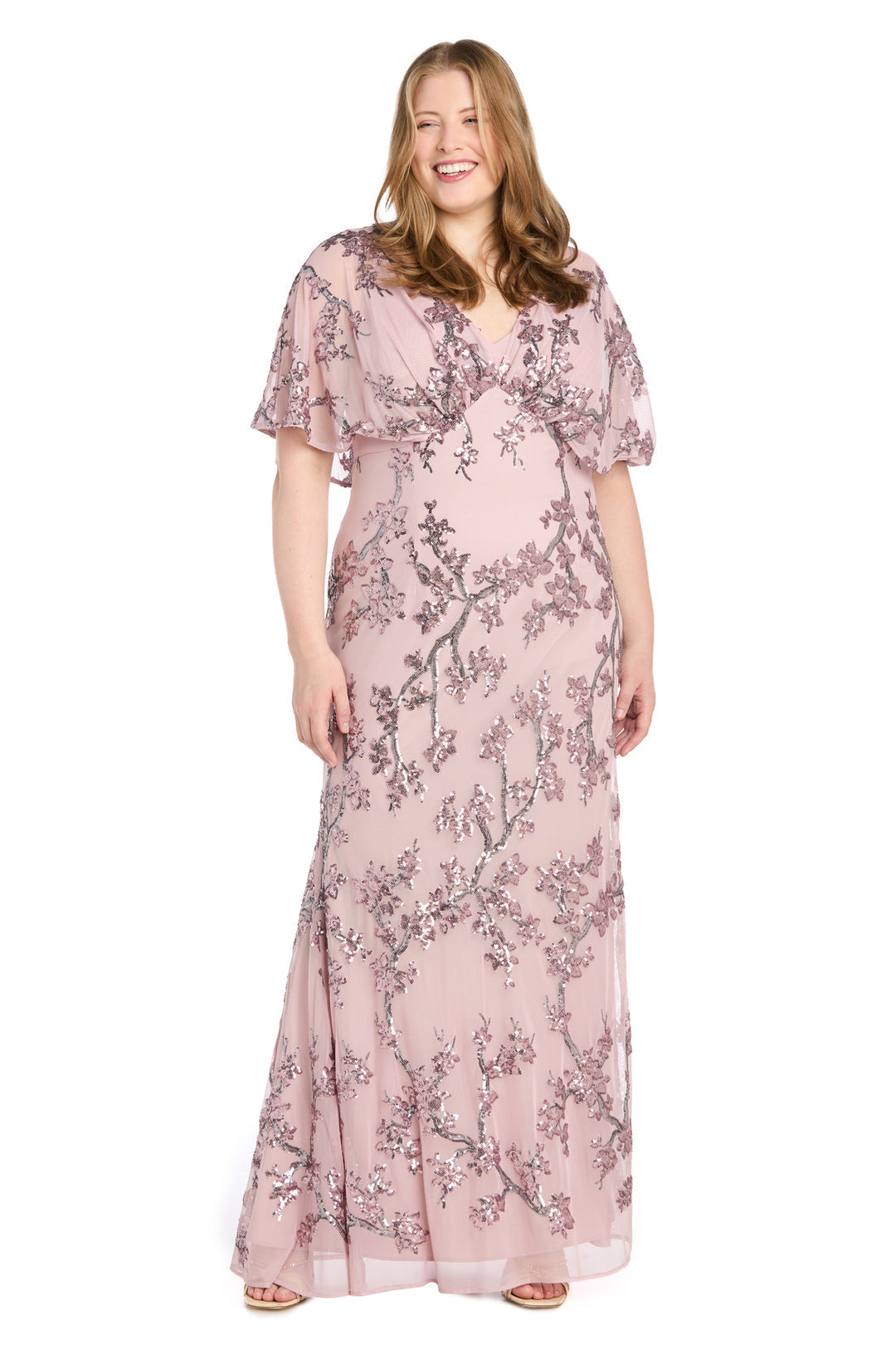 Plus Size Dresses Plus Size Long Formal Floral Sequin Caplet Dress Rose