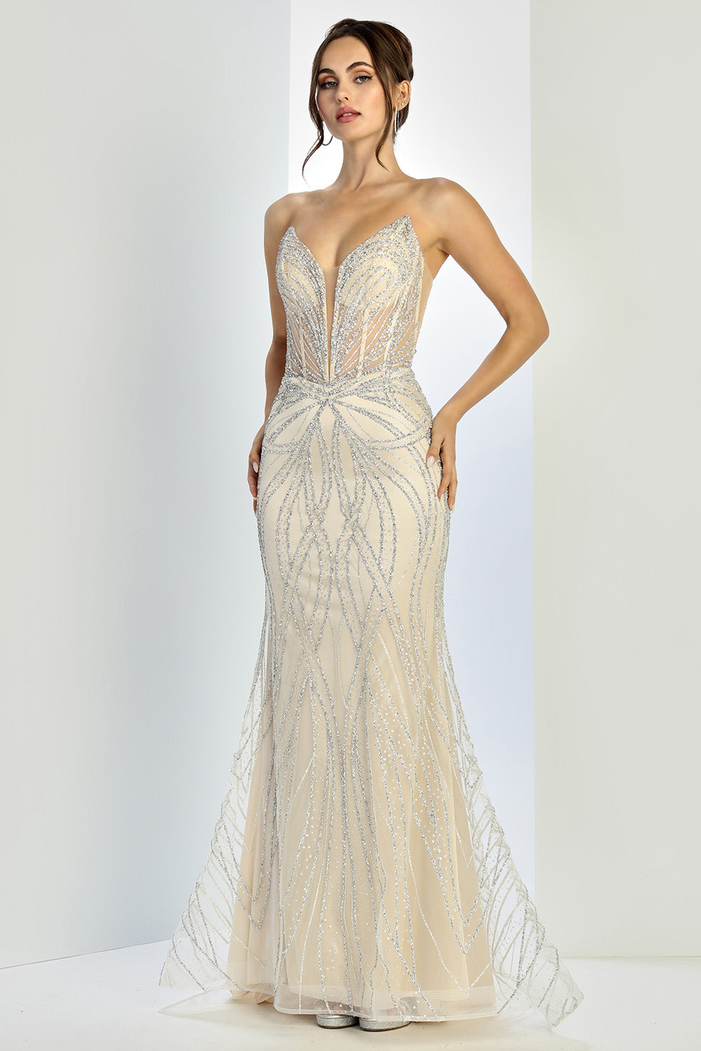 Prom Dresses Fitted Long Formal Beaded Prom Dress Silver Nude