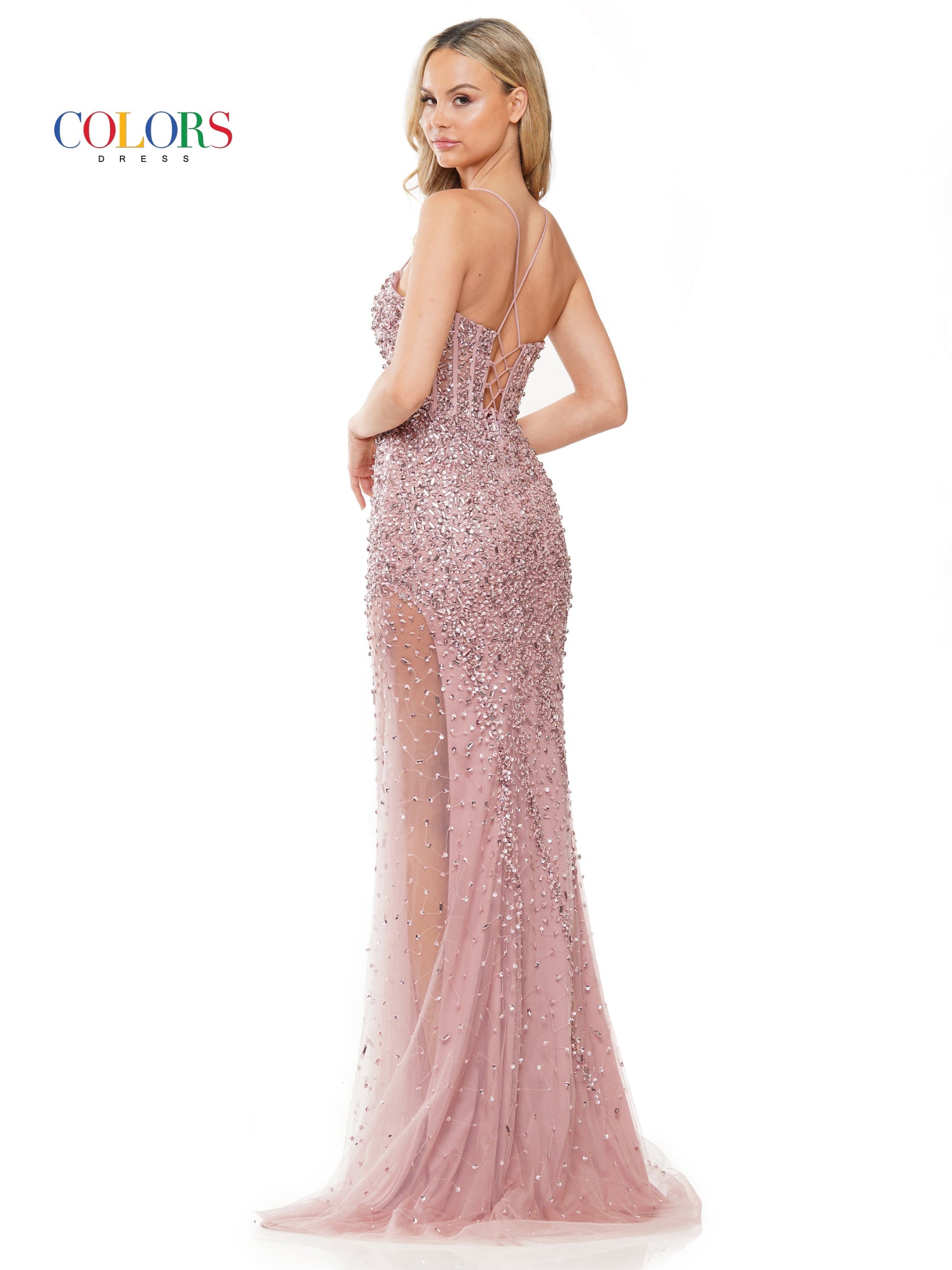 Prom Dresses Long Beaded Mesh Corset Bodice Cross Back Prom Dress  Dusty Rose