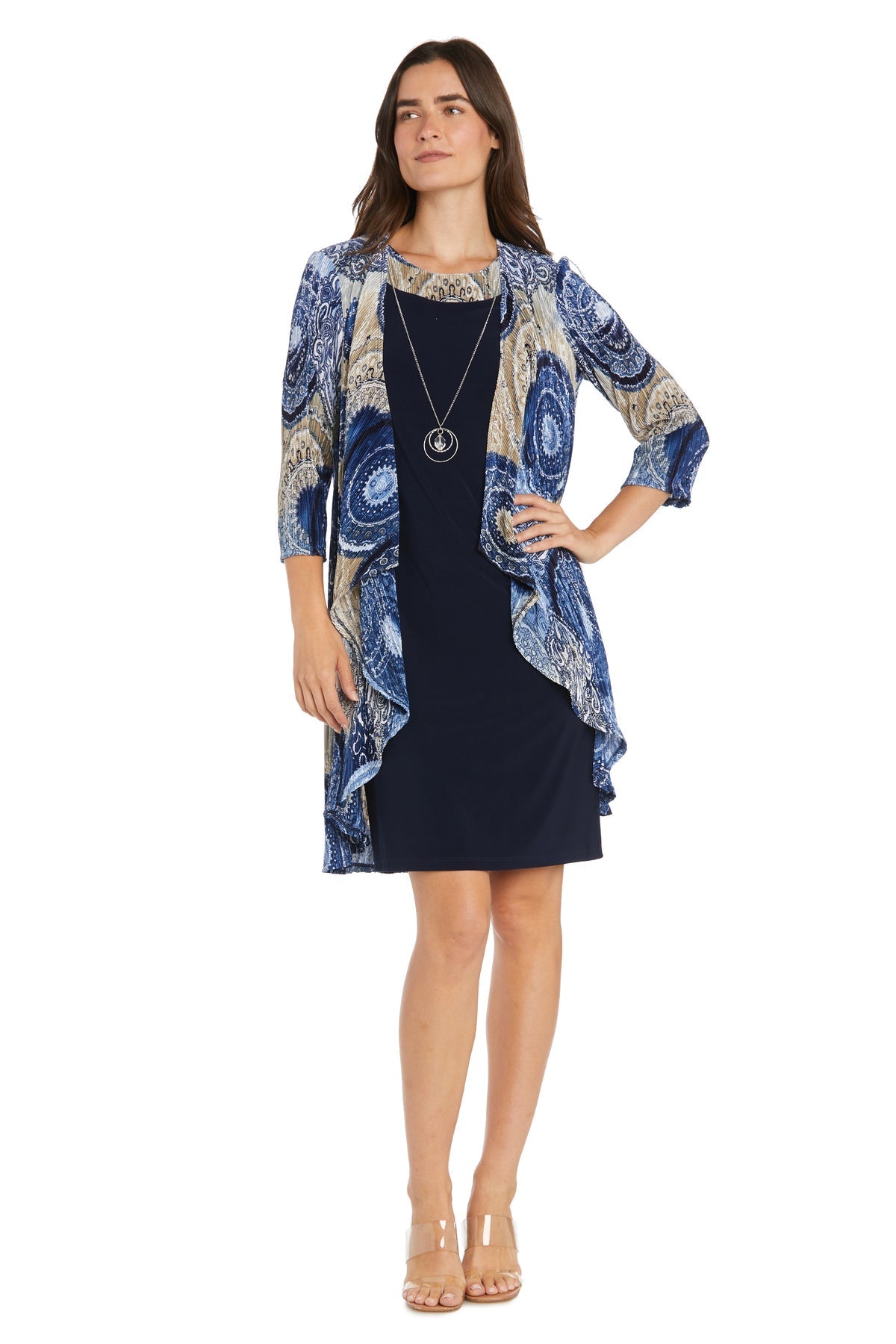 Mother of the Bride Dresses Short Two Piece Printed Petite Jacket Dress Navy/Taupe