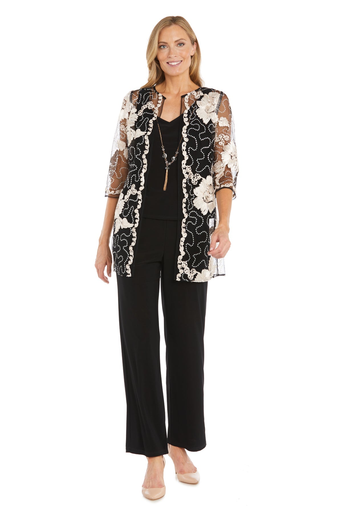 Pant Suit Formal Long Floral Jacket Pant Suit Champagne/Black