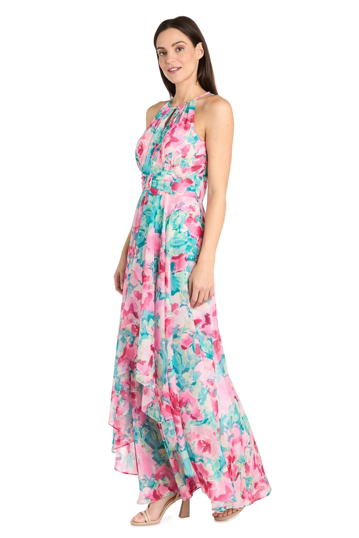 Formal Dresses Formal Long Floral Print Layered Maxi Dress Jade/Pink