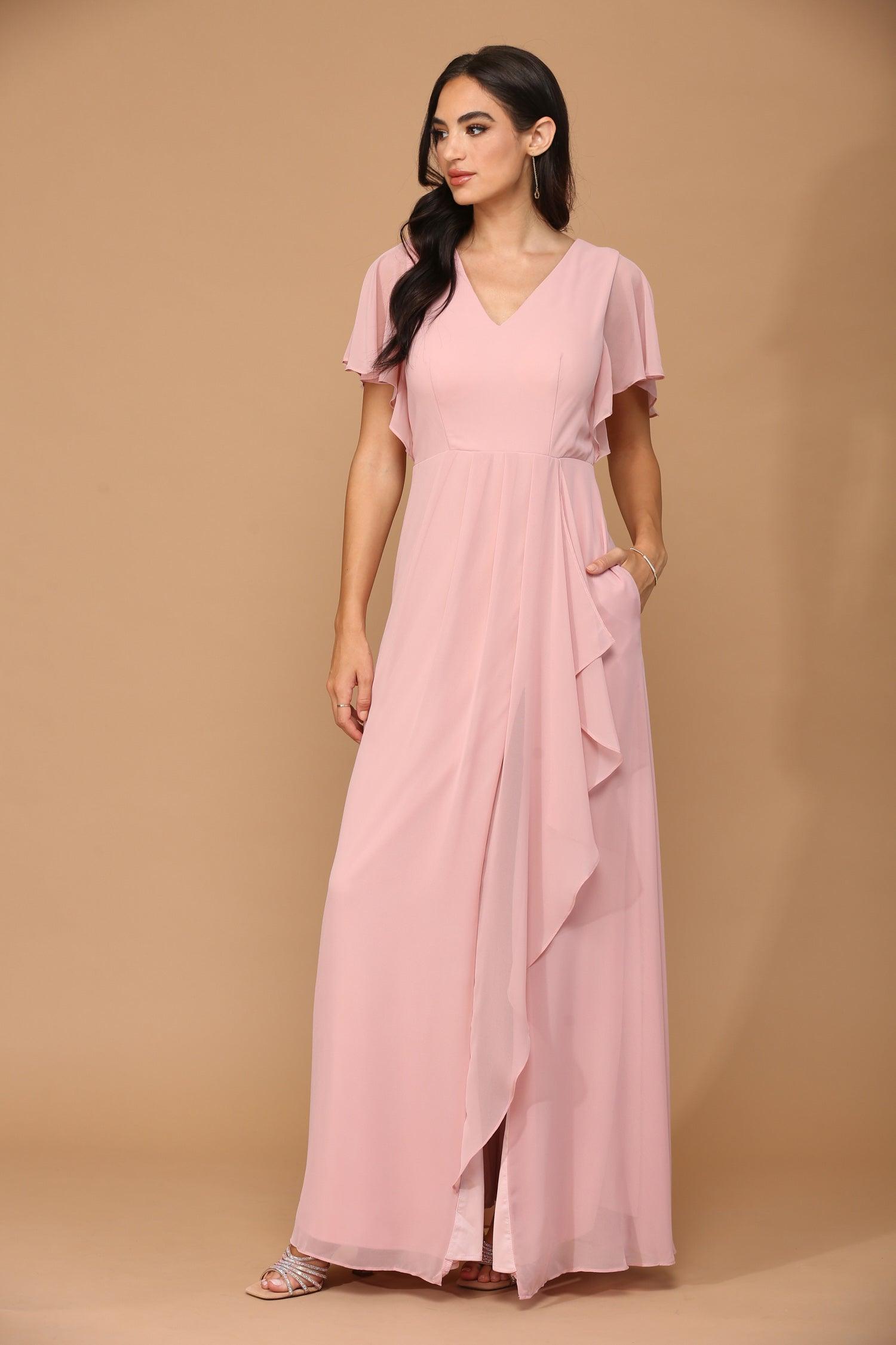 Long Formal Ruffle Sleeve Chiffon Evening Dress