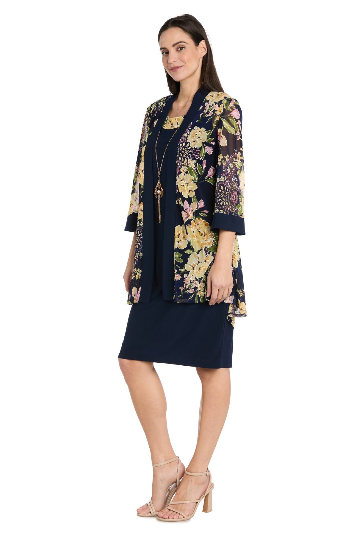 Mother of the Bride Dresses Short Petite Mother of the Bride Floral Jacket Dress Navy/Yellow