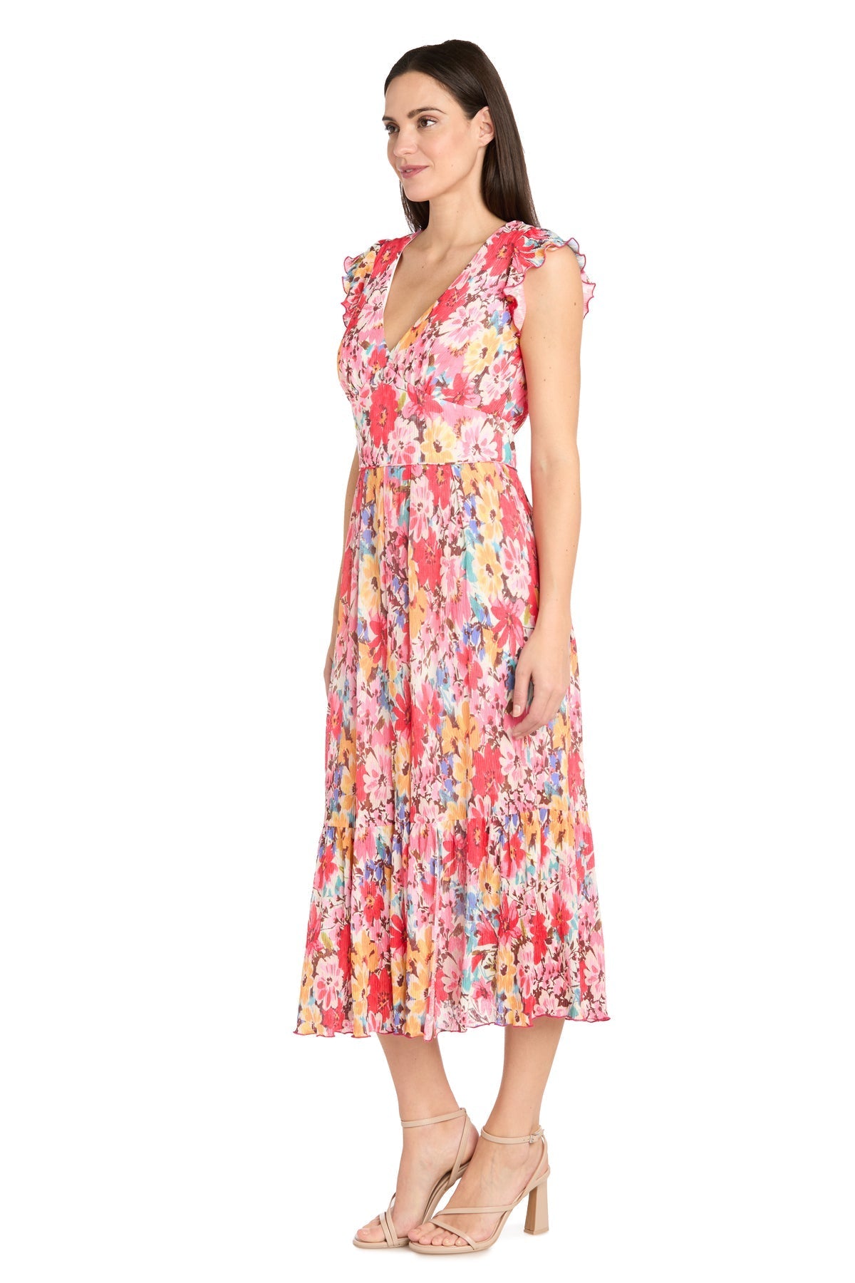 Cocktail  Dresses Floral Print Ruffle Midi Cocktail Dress Coral/Multi