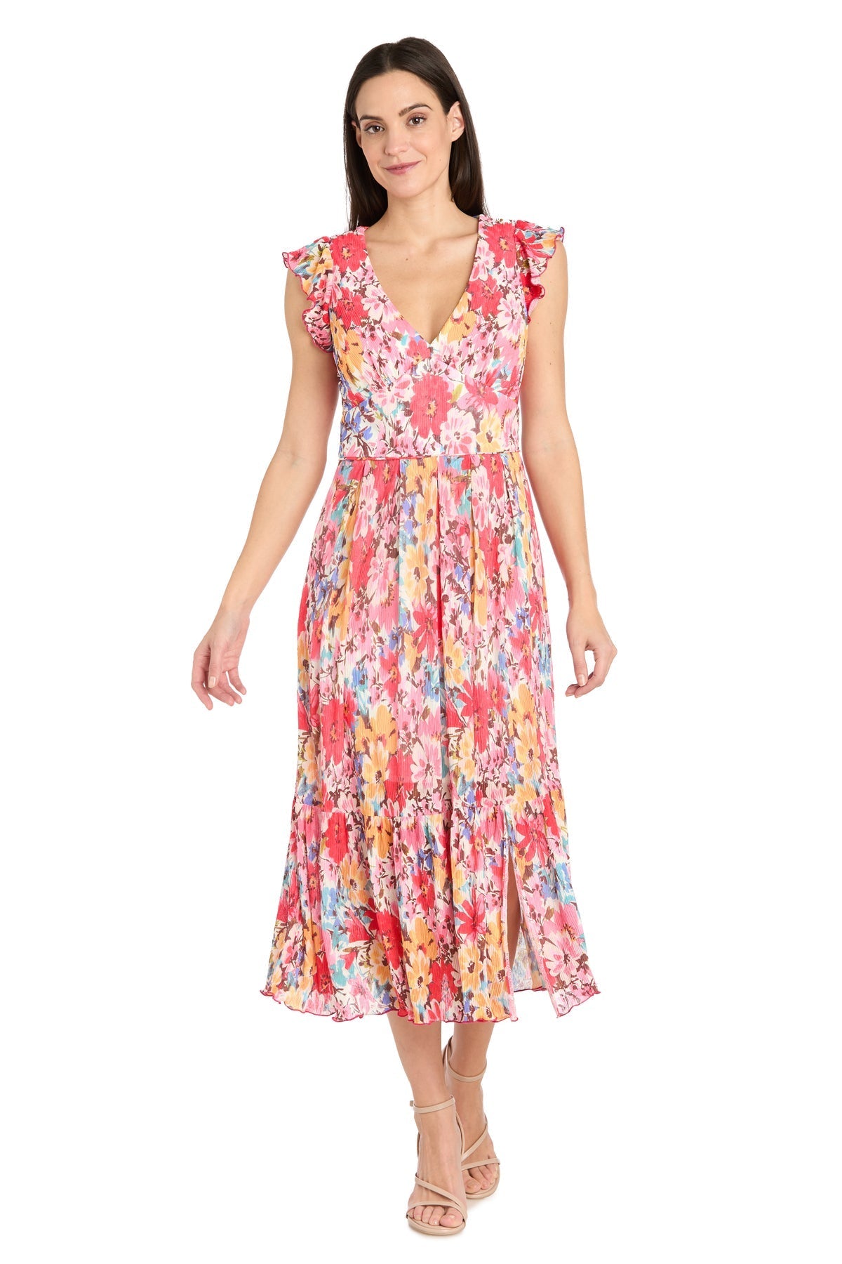 Formal Dresses Floral Print Petite Ruffle Midi Dress Coral/Multi