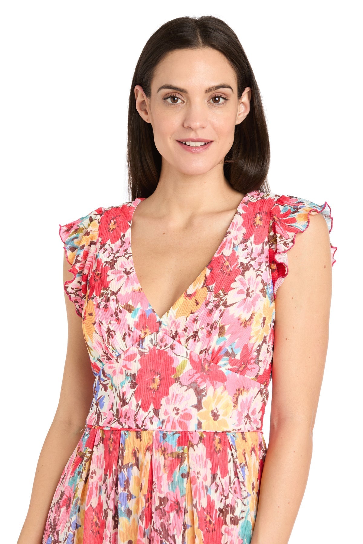 Formal Dresses Floral Print Petite Ruffle Midi Dress Coral/Multi