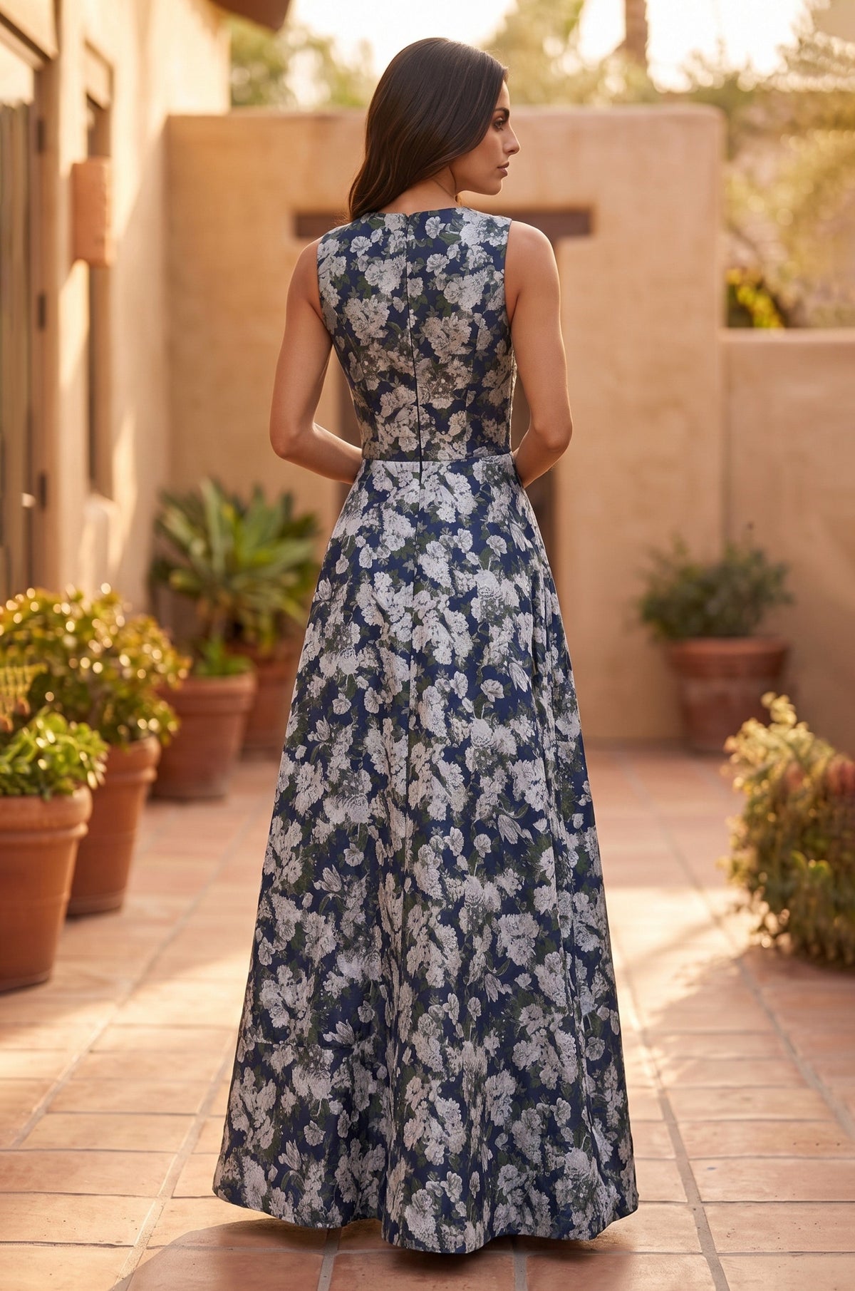 Formal Printed Floral Patterned Evening Dress – Navy