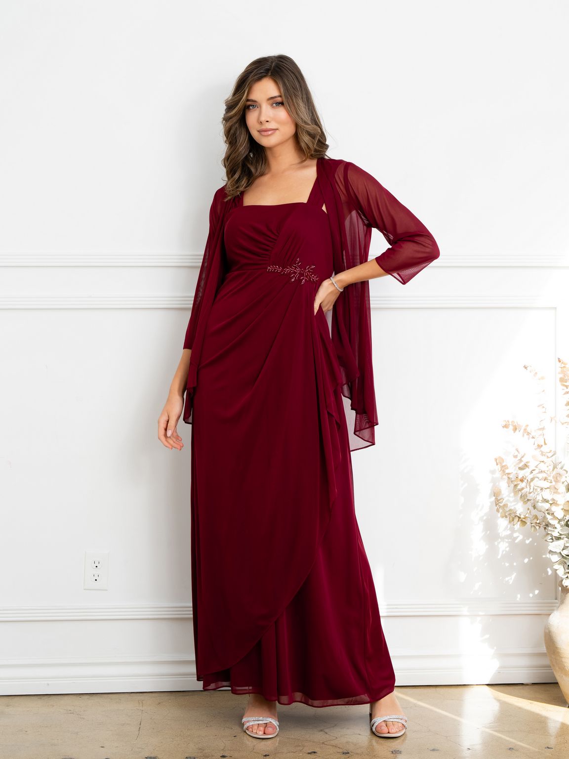 Prom Dresses Two Piece Long Formal Beaded Evening Dress Burgundy