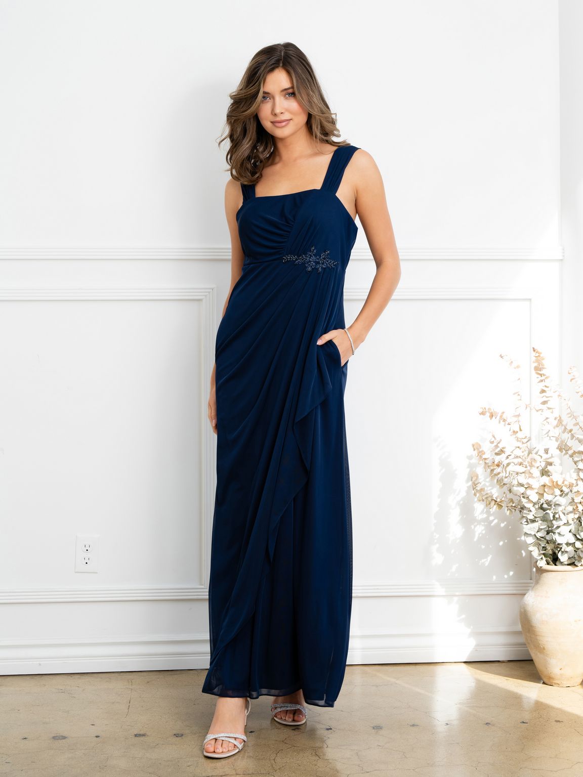 Prom Dresses Two Piece Long Formal Beaded Evening Dress Navy