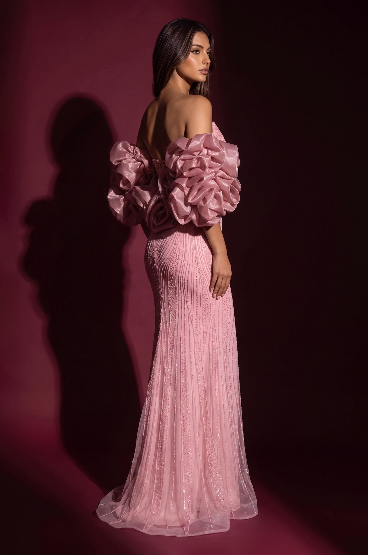 Formal Beaded Sequined Puff Sleeve Evening Gown – Pink