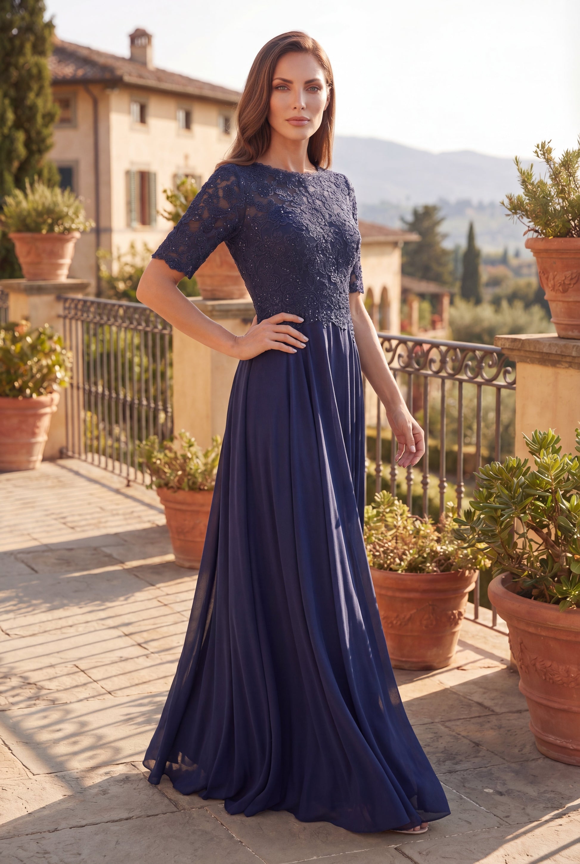 Navy Mother of the Bride Lace Dress with Short Sleeves