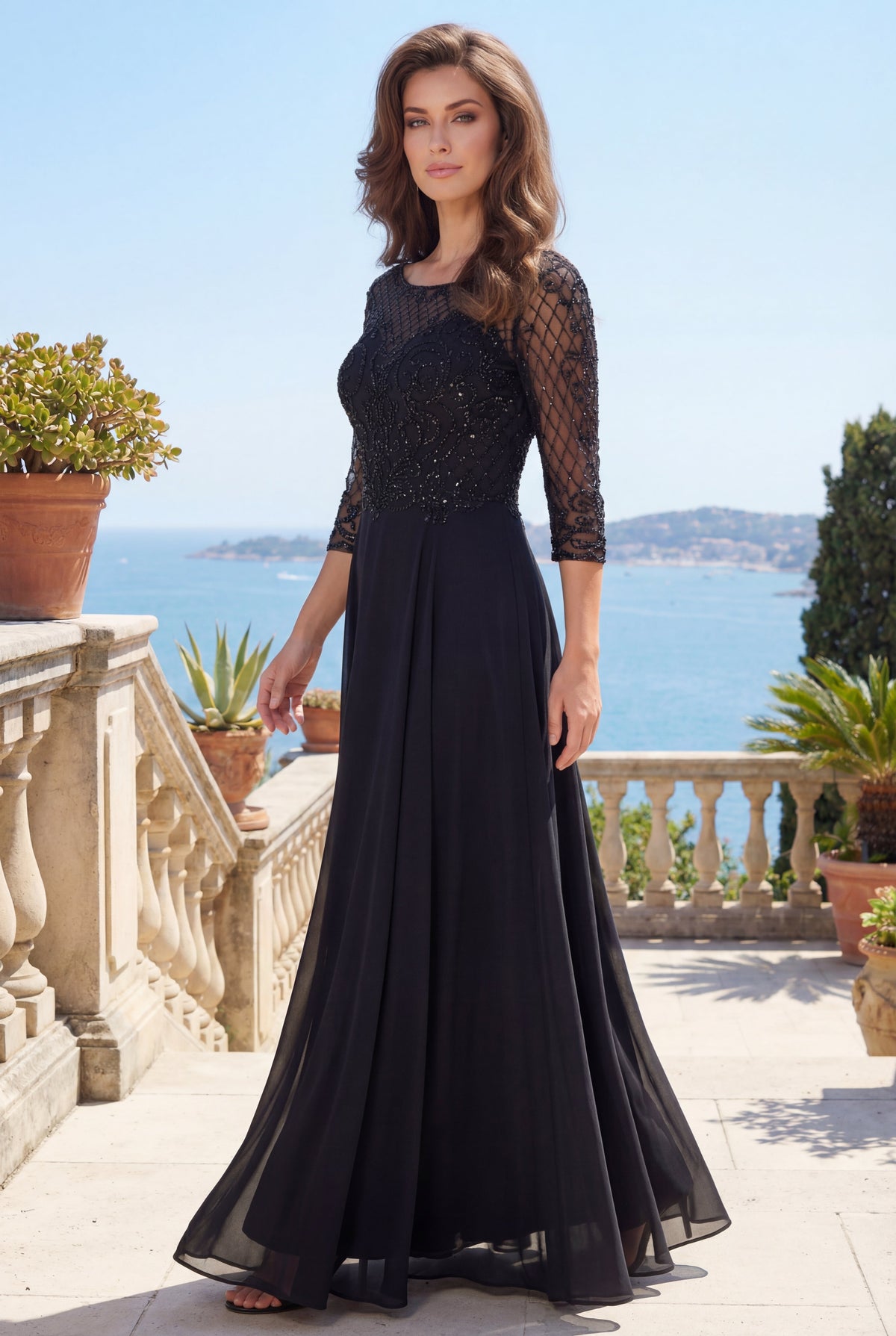 Hand Beaded Long Sleeve Mother of the Bride Dress – Charcoal