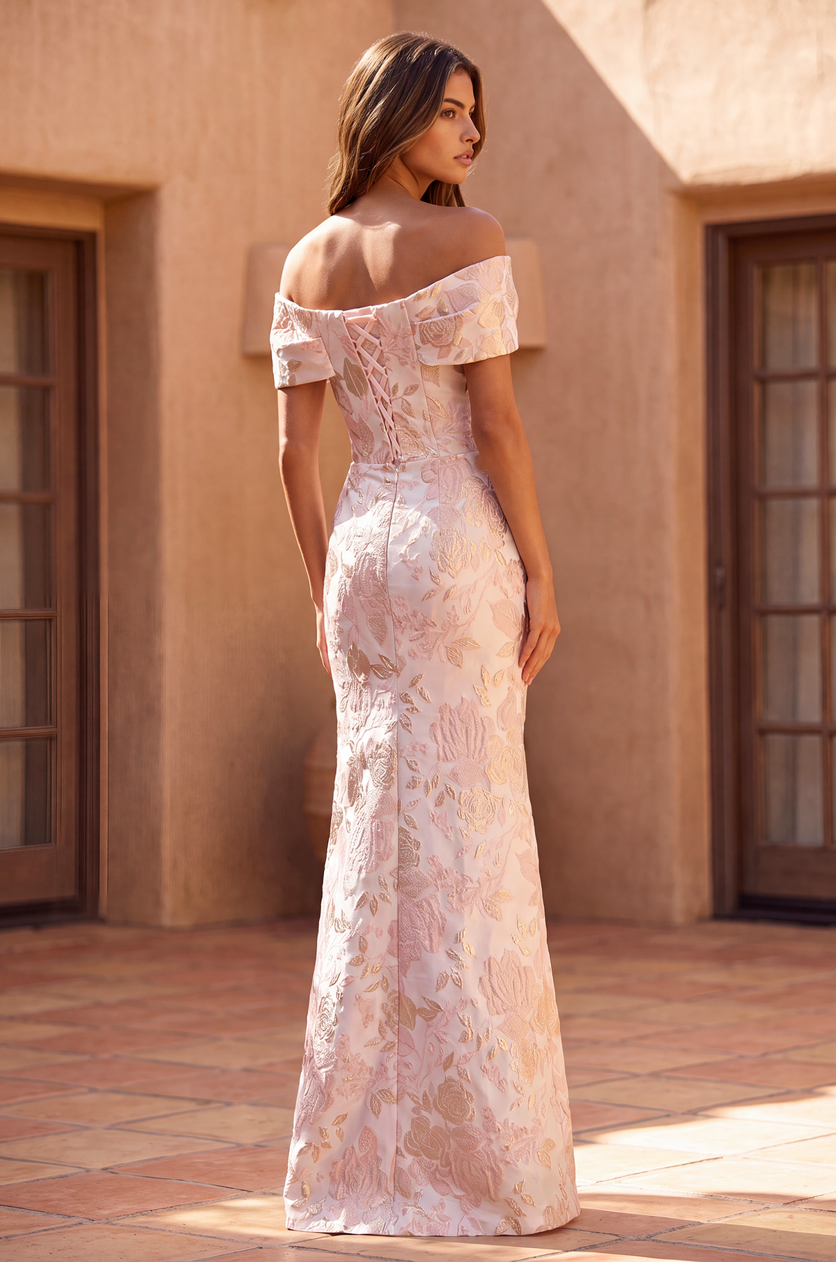 Off-the-Shoulder Floral Jacquard Mermaid Evening Formal Dress – Pink