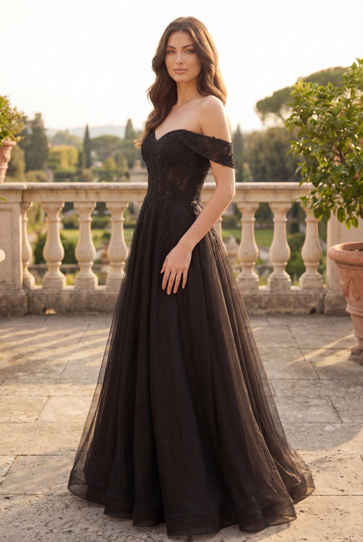Long Off-the-Shoulder Corset Formal Dress – Black/Nude