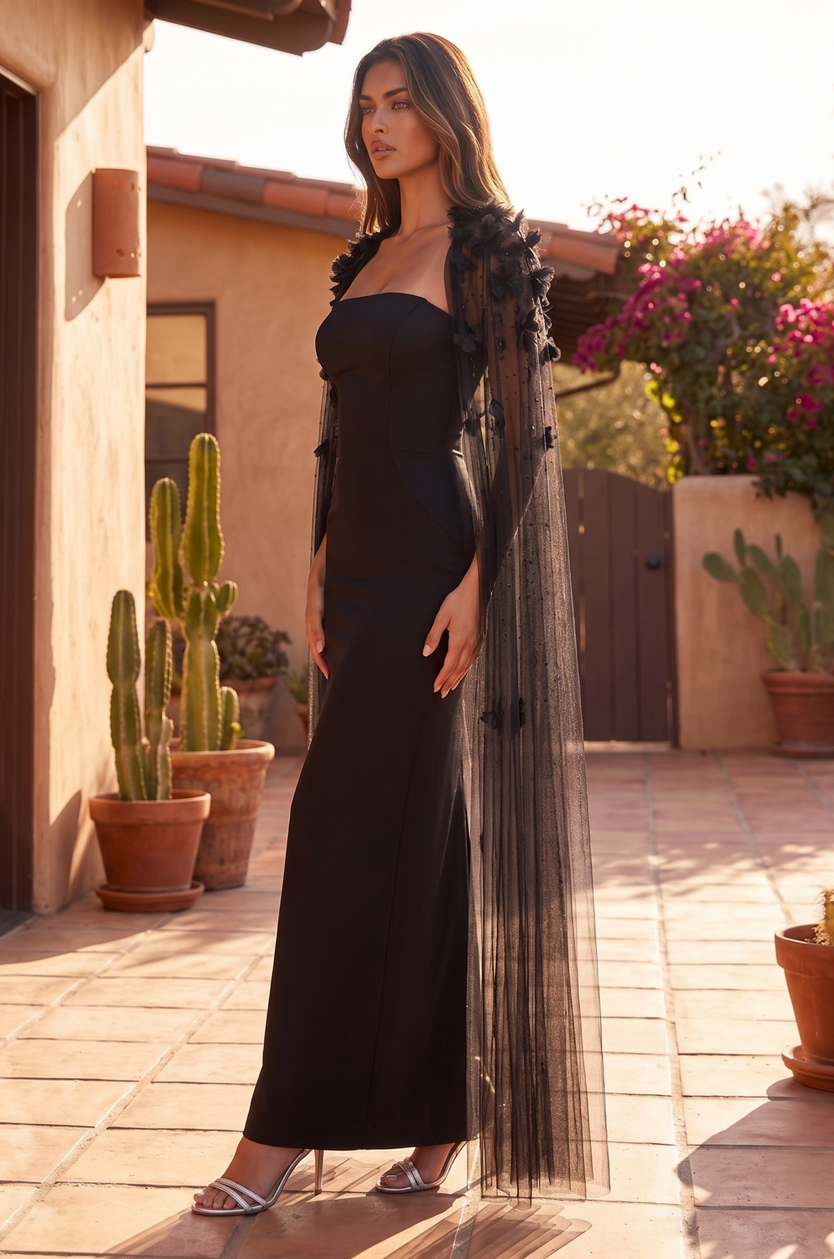 Long Fitted Feather Cape Formal Dress – Black