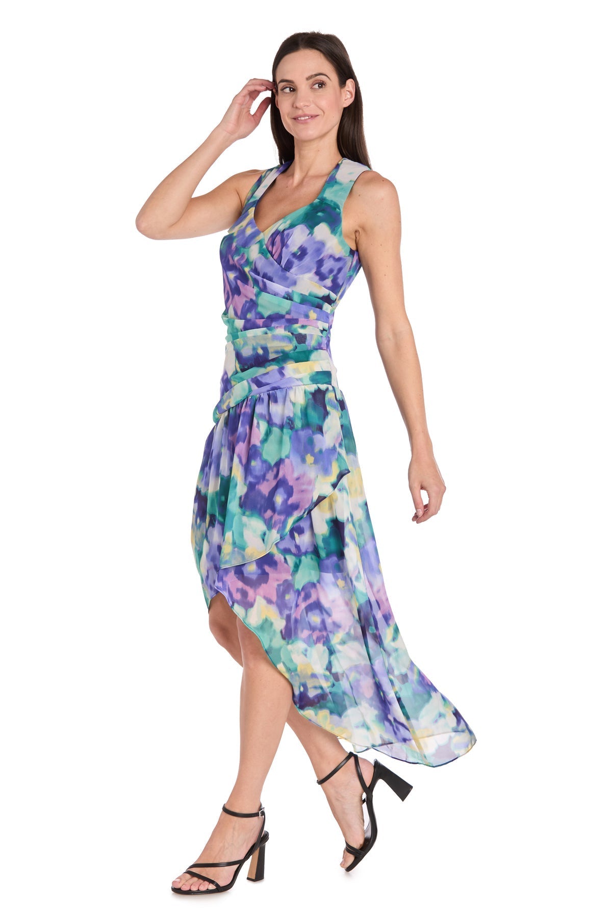 Cocktail Dresses Printed High Low Pleated Cocktail Dress Blue/Multi