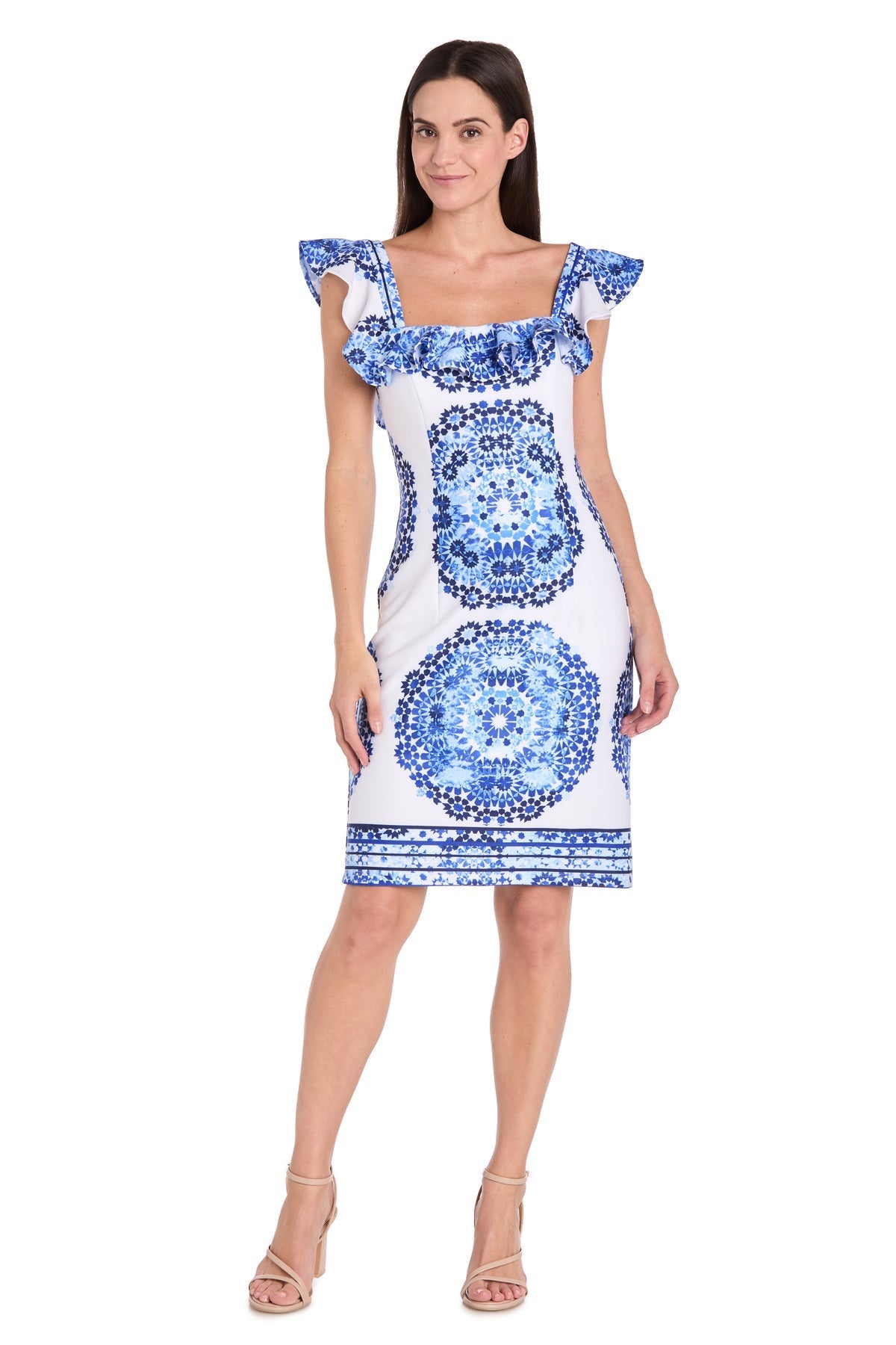 Cocktail Dresses Printed Short Ruffle Petite Cocktail Dress White/Blue