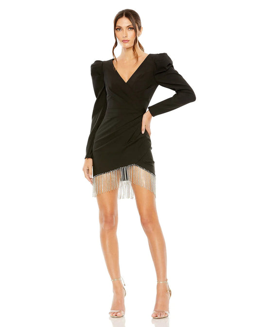 Cocktail Dresses Faux Wrap Beaded Fringe Hem Short Dress Black
