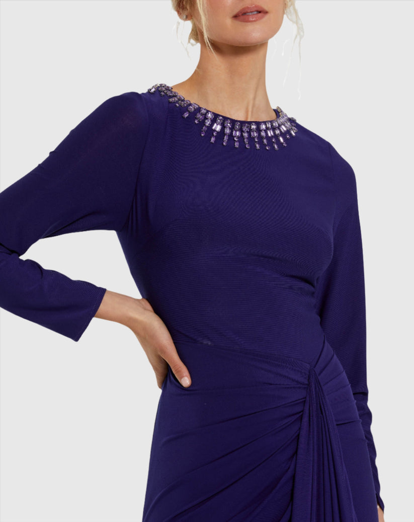 Formal Dresses Beaded Long Sleeve Prom Formal Dress Indigo