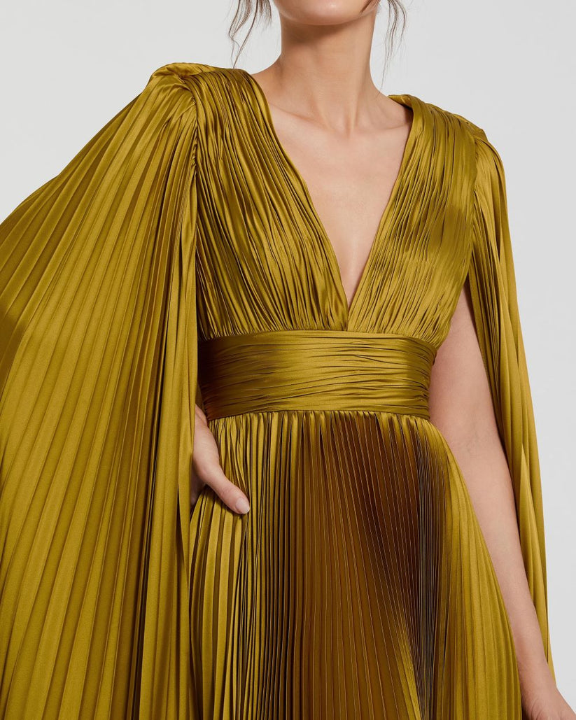 Formal Dresses Pleated Long A Line Formal Cape Sleeve Dress Chartreuse