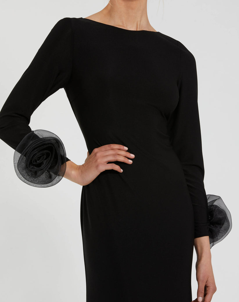 Formal Dresses Long Sleeve 3D Flowers Fitted Formal Evening Dress Black