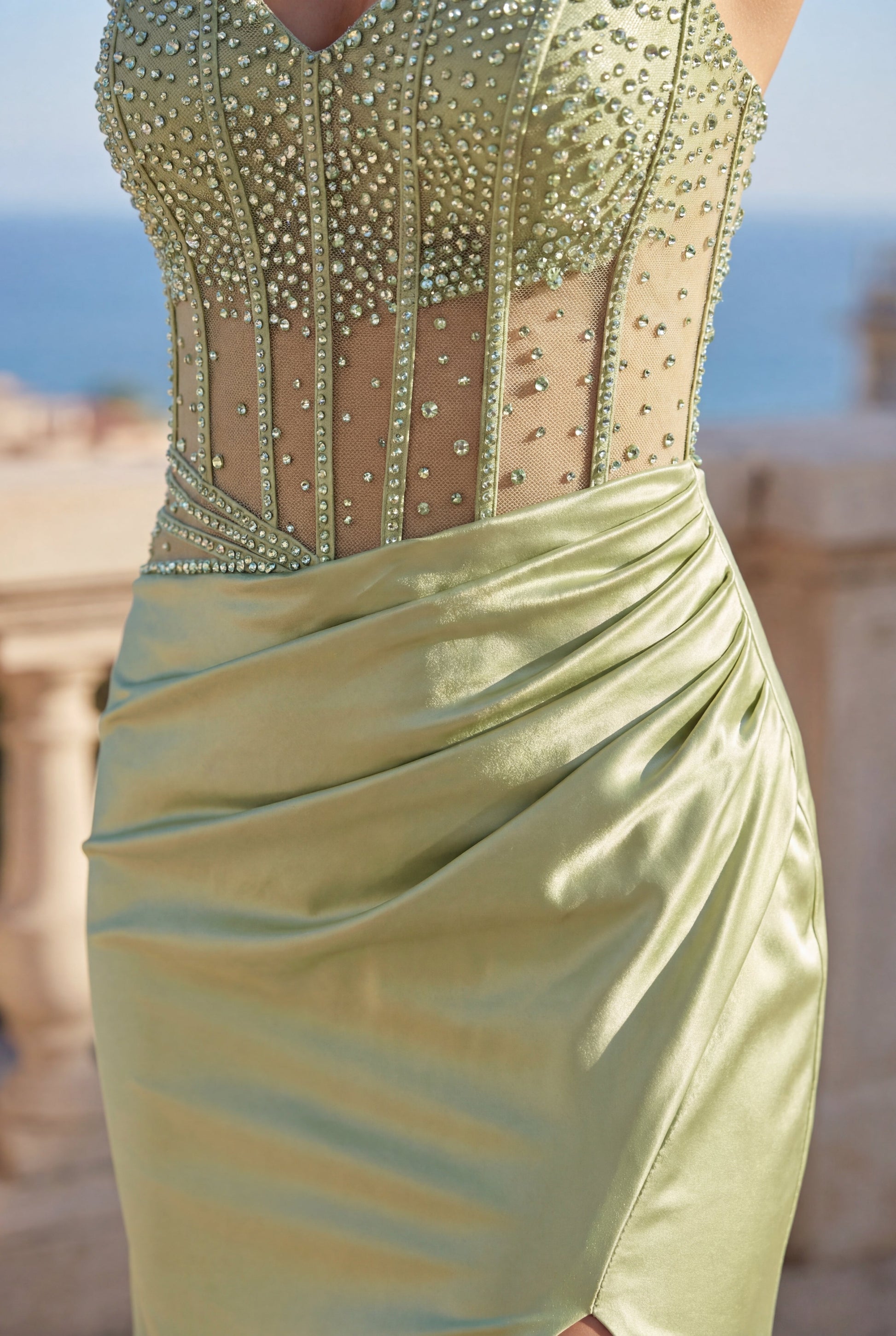 Satin Draped Corset Bodice Long Prom Dress
