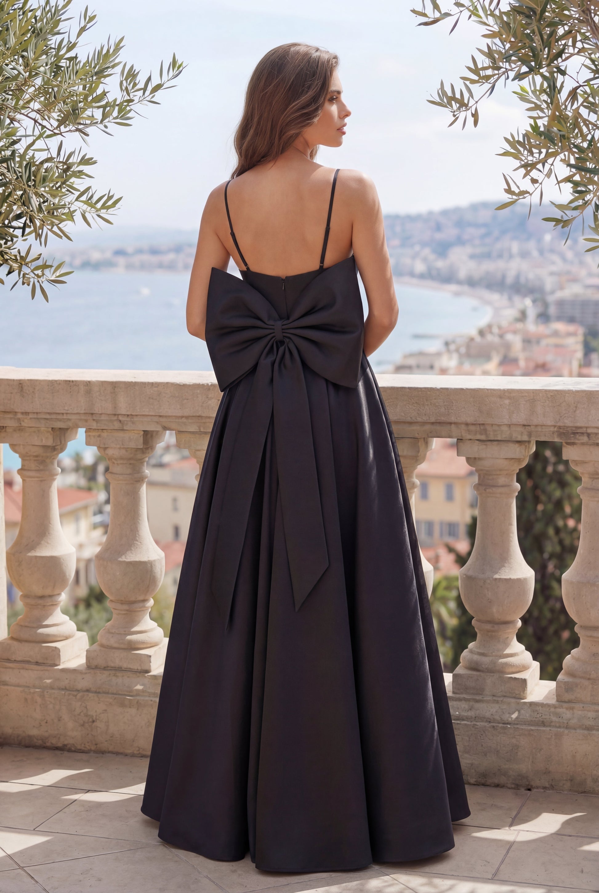 Long Black Ball Gown Prom Dress with Oversized Bow Back