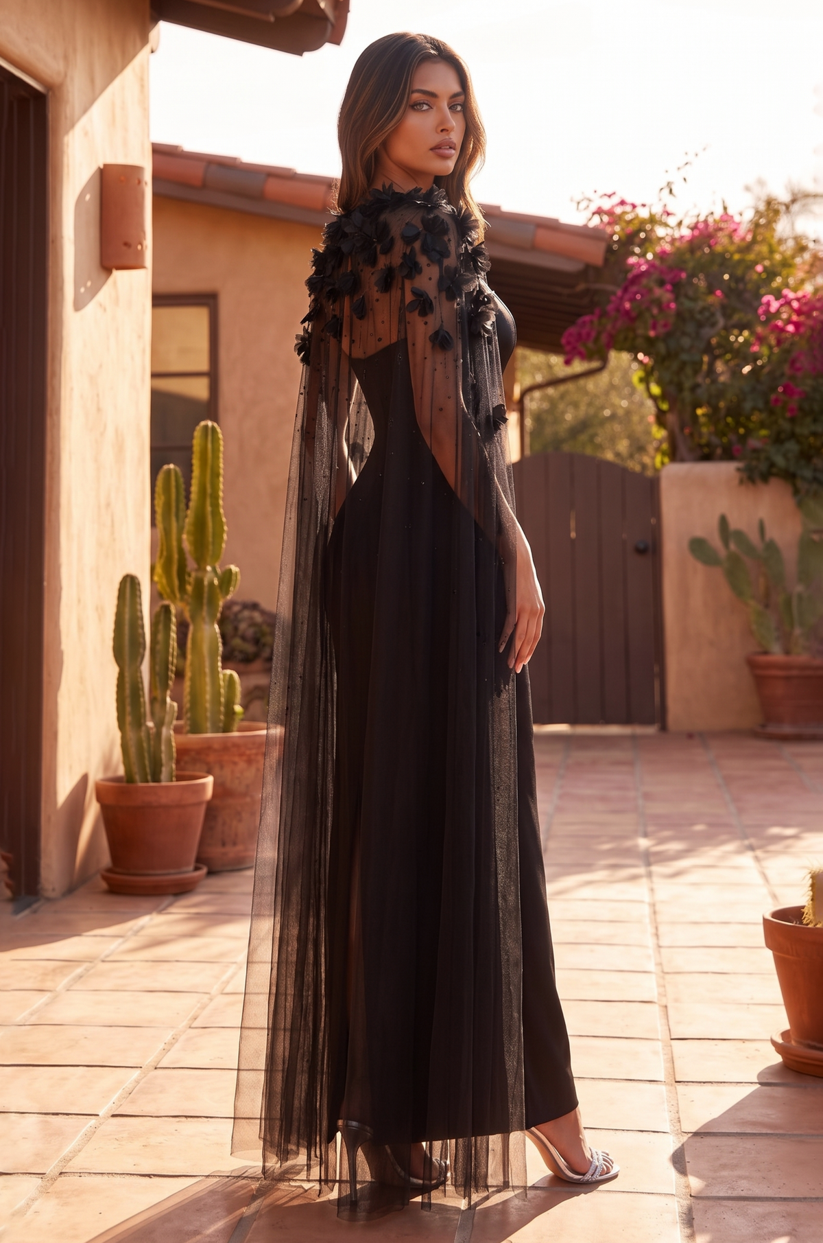 Long Fitted Feather Cape Formal Dress – Black
